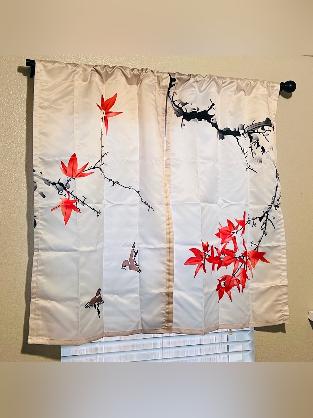 Japanese Style Floral Bird and Maple Leaf Short Curtains-Asian Decor